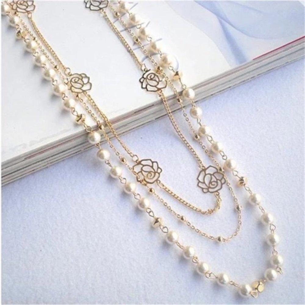 COPY - White Pearl Rose Flower Multilayer Long necklace